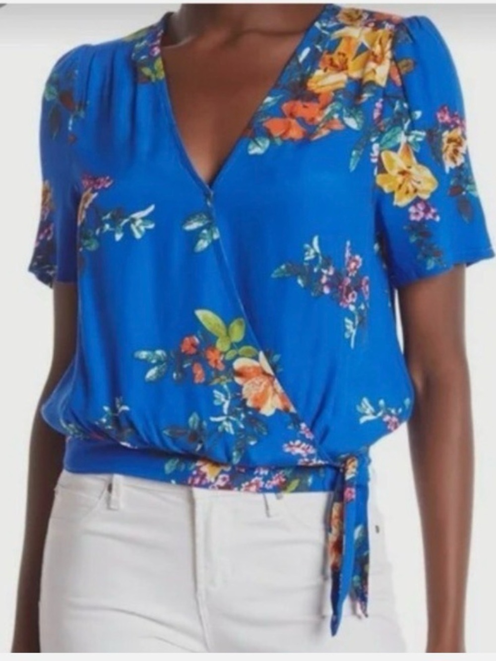 Blue Floral Wrap Blouse with Side Tie. Size M